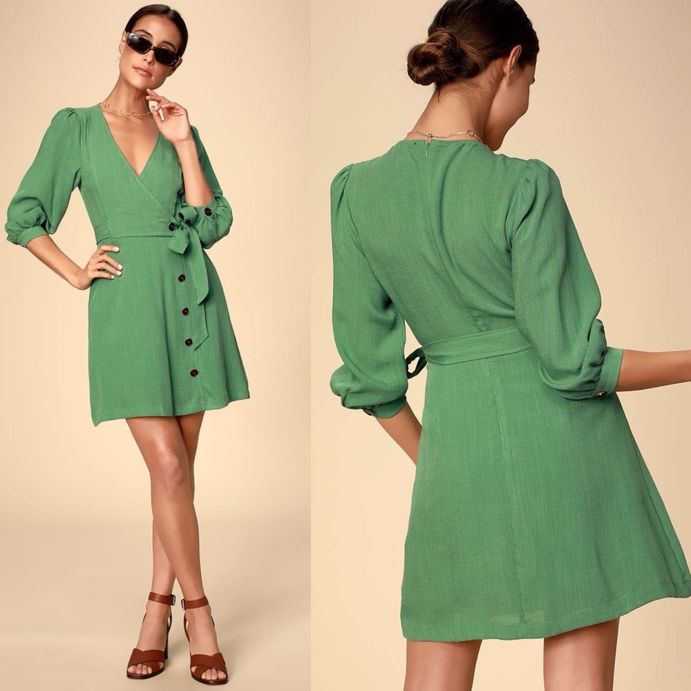 Lulus | Aja Dusty Green Three-Quarter Balloon Sleeve Dress